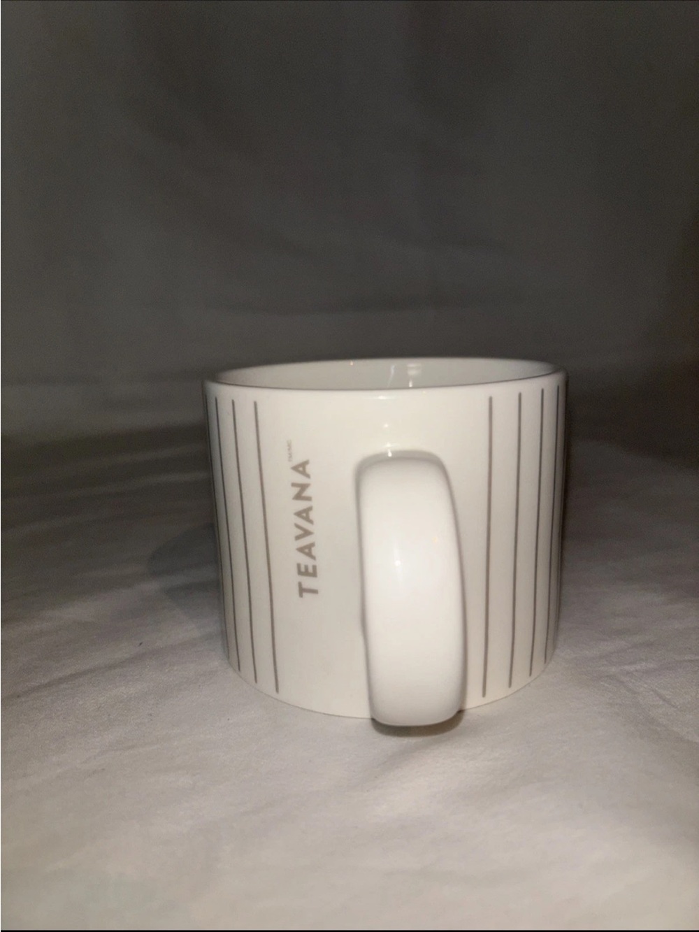 Teavana White Ceramic Mug with Thin Gray Stripes